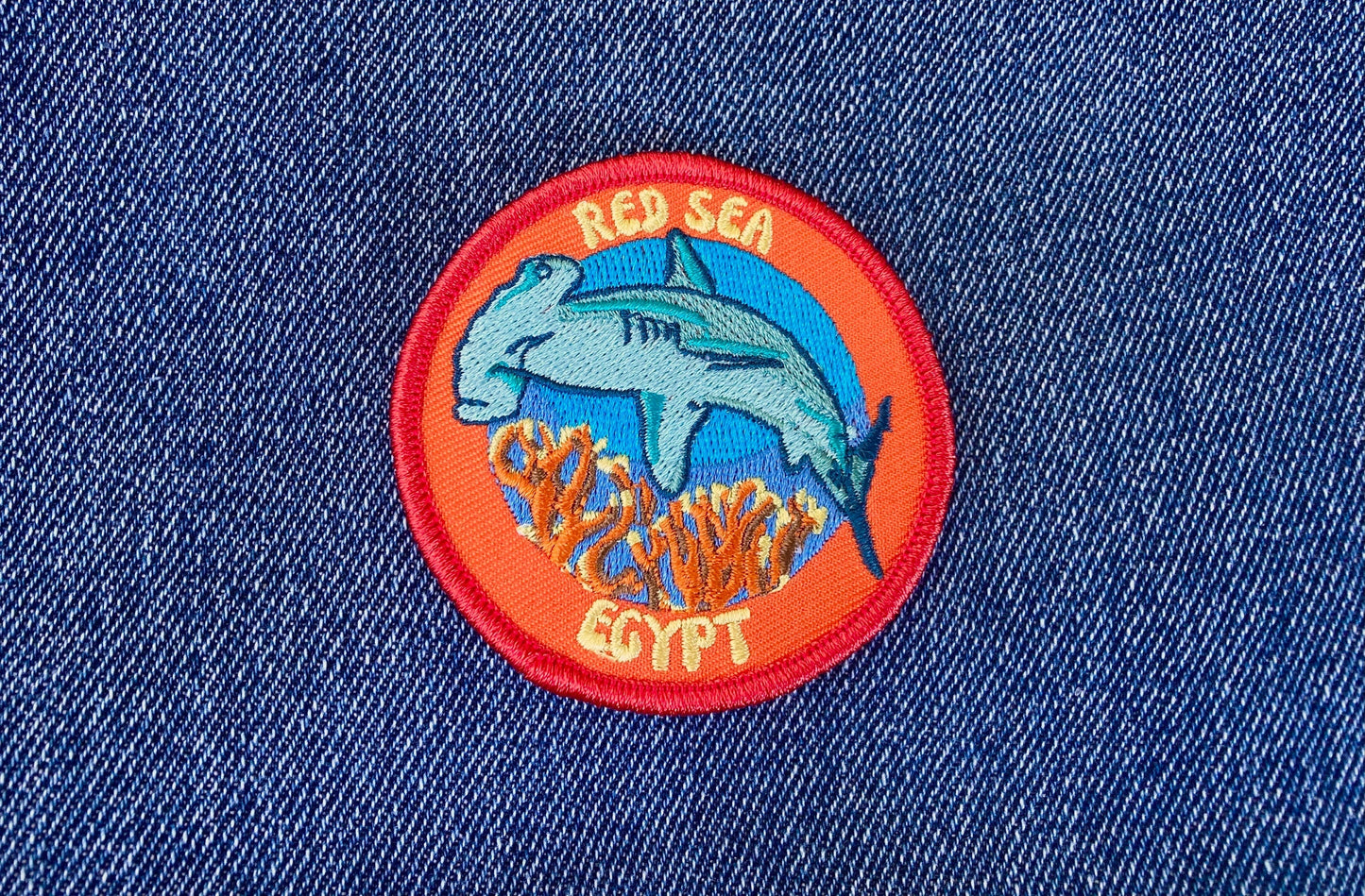 Red Sea Egypt Scuba Diving Patch - Colorful Hammerhead Shark Design, Iron-On Collectible Travel Patch